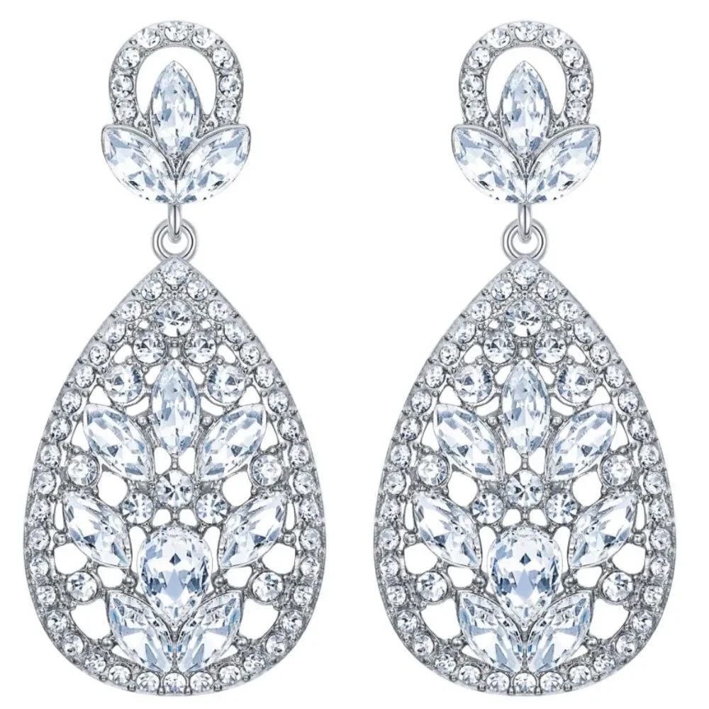 Silver with White Diamond Austrian Crystal Teardrop Chandelier Post Earrings